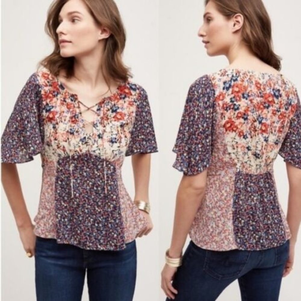 Anthropologie HD in Paris floral patchwork Palo Alto Blouse Top Tie Front Sz 2